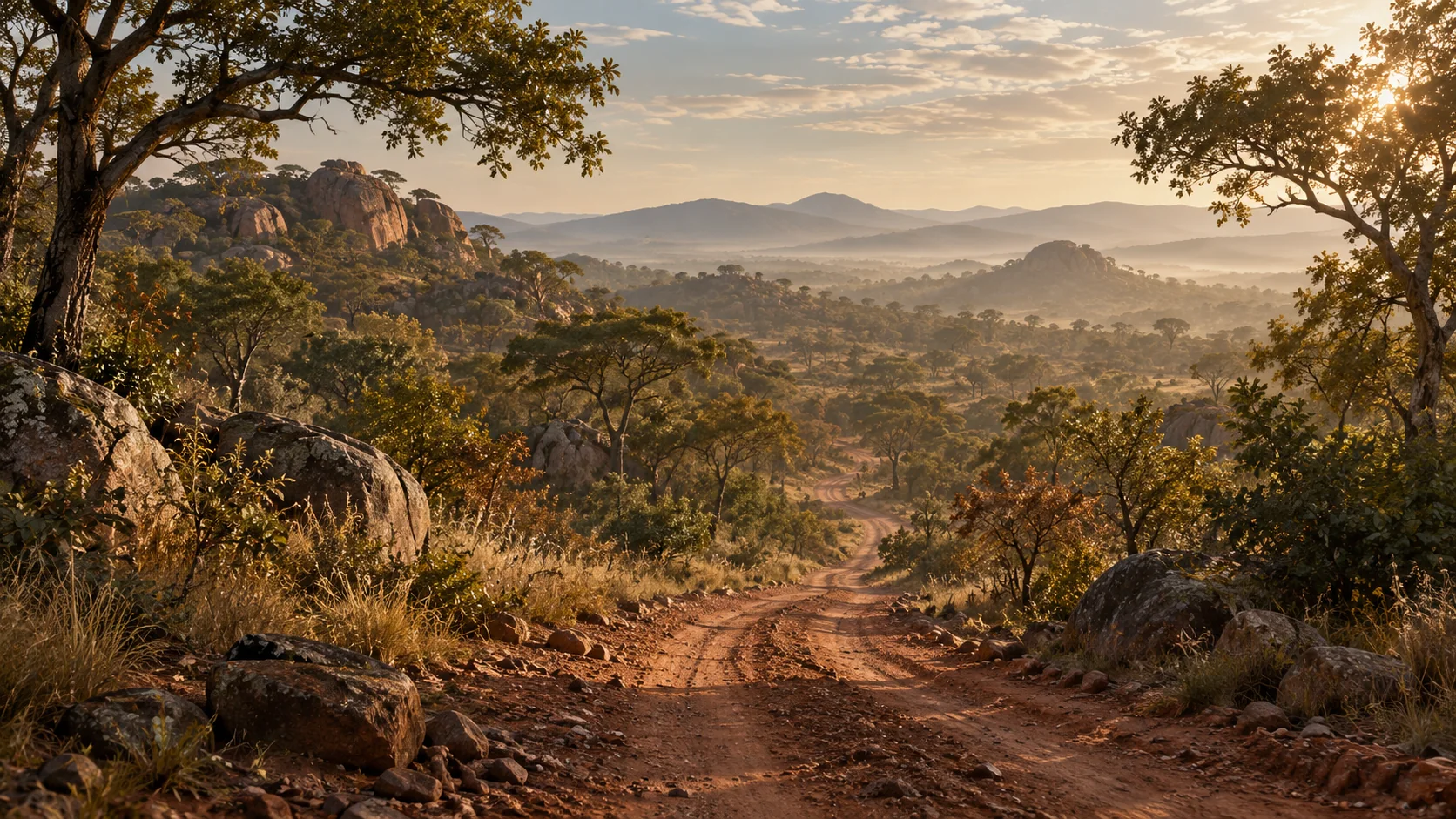 Concept artwork of a gravel road winding through dense southern African woodland, with hills in the morning haze.