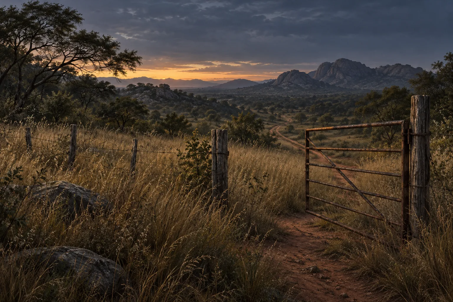 Concept artwork of a weathered farm gate overlooking grassland and distant rocky hills at dusk.