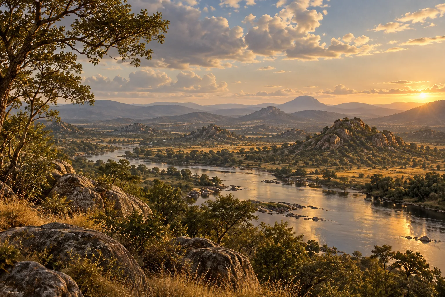 Concept artwork of a broad river catching evening sunlight beneath wooded granite hills.